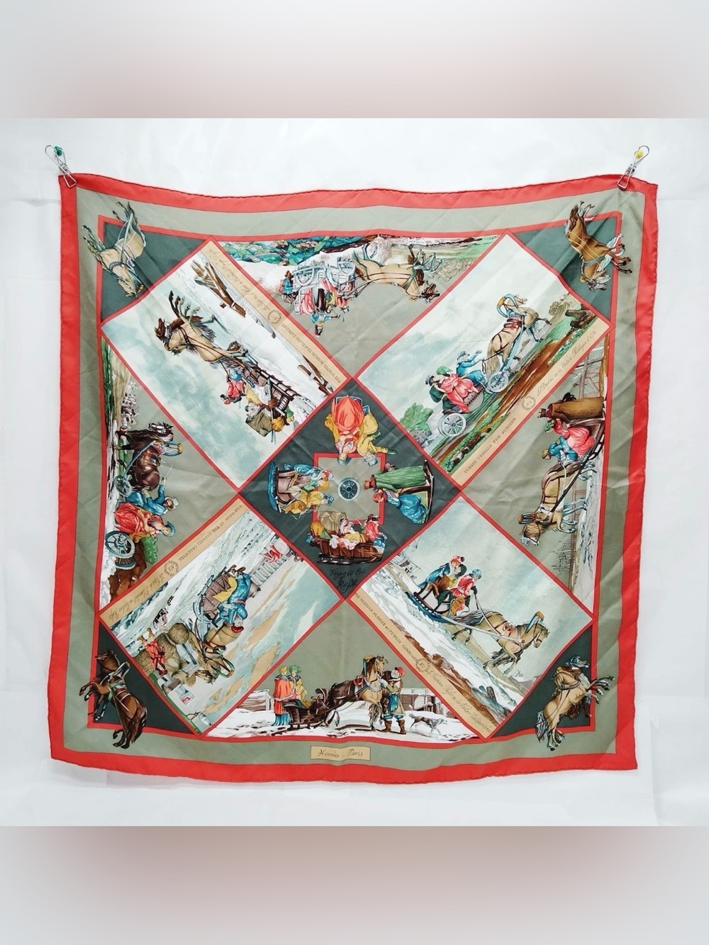 Authentic Hermès Horse Carriage Winter Field Red Green White Silk Scarf 90